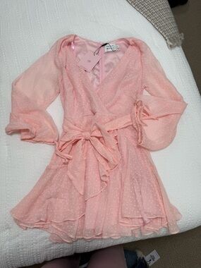 Hello Molly Pink Swiss Dot Wrap Mini Dress